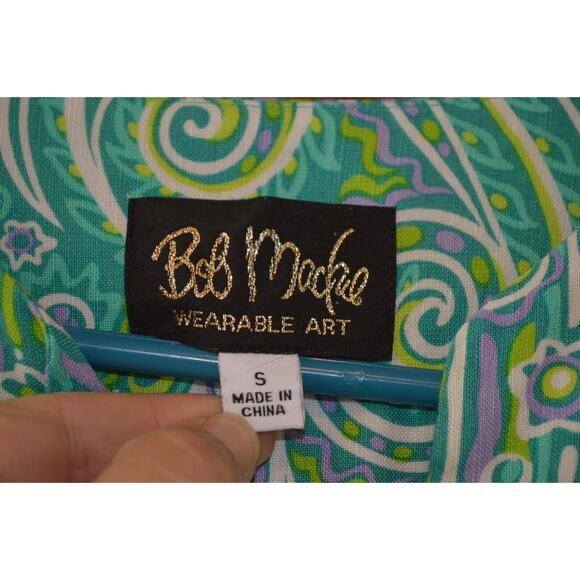 Bob Mackie Wearable Art Tunic Turquoise Green Swirls Strips Button Up Top Small - Picture 4 of 5